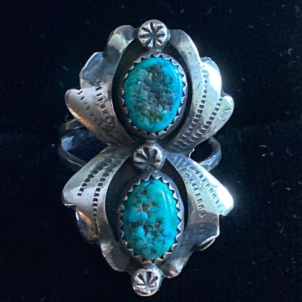 💛 Vintage Navajo Sterling Silver Turquoise Flower Ring - Picture 1 of 5